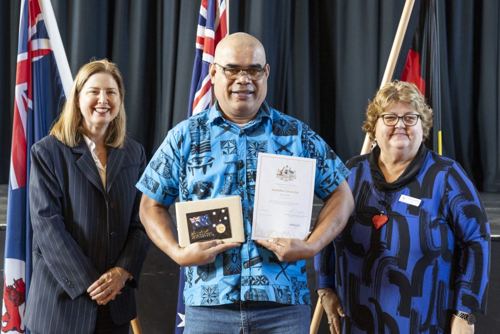 The Honourable Julie Collins, with Penaia Lese and Mayor Sally Doyle