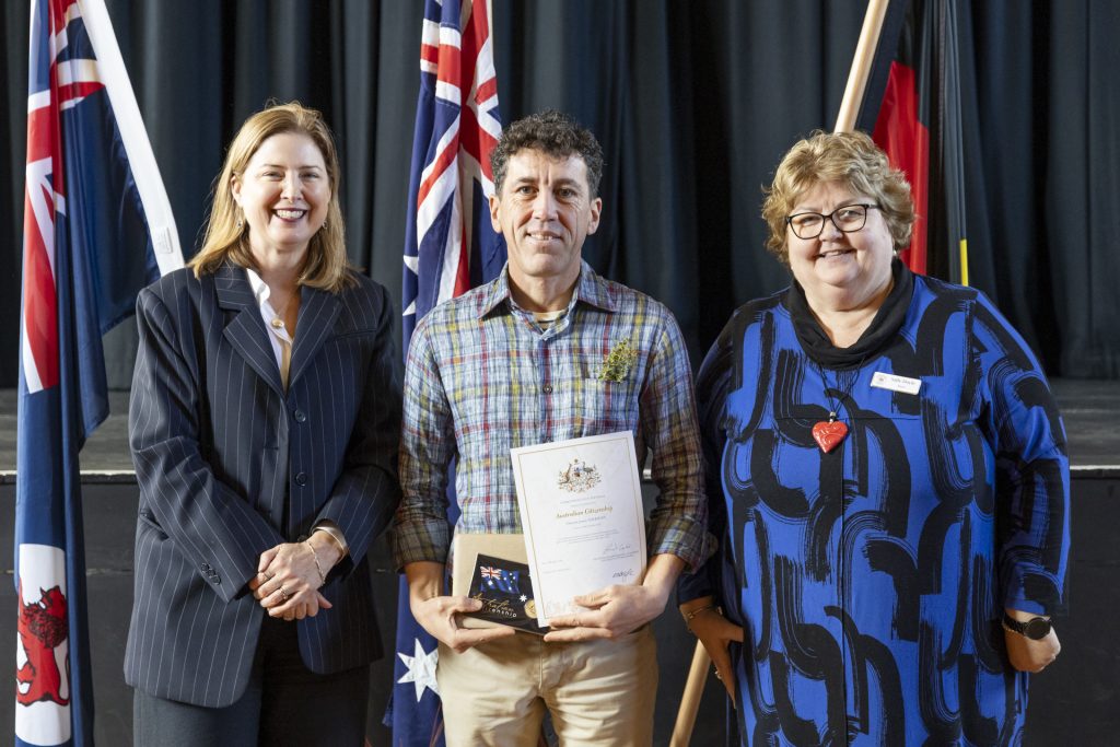 The Honourable Julie Collins, with Clayton Sheridan and Mayor Sally Doyle