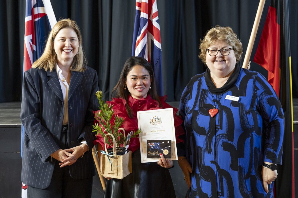 The Honourable Julie Collins, with Marical Payac and Mayor Sally Doyle