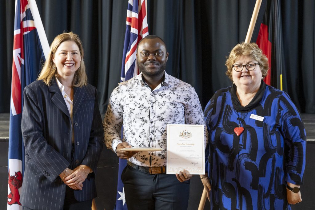 The Honourable Julie Collins, with Jerry Asong Atabong and Mayor Sally Doyle